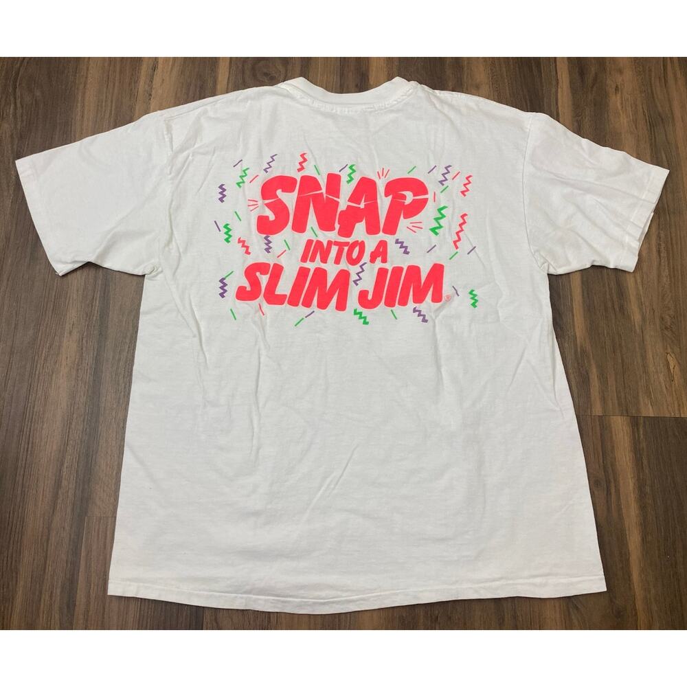 VTG 90s Hanes USA "Snap Into a Slim Jim" promo graphic single stitch t-shirt XL